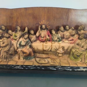 Art mural en plâtre de la Cène, grande tenture murale religieuse antique, France,  Jésus  et ses apôtres,  sculpture, rare Cadre en relief