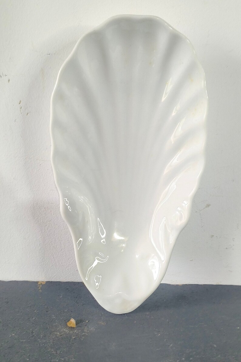 May include: A white ceramic seashell-shaped dish. The dish is smooth and has a glossy finish.