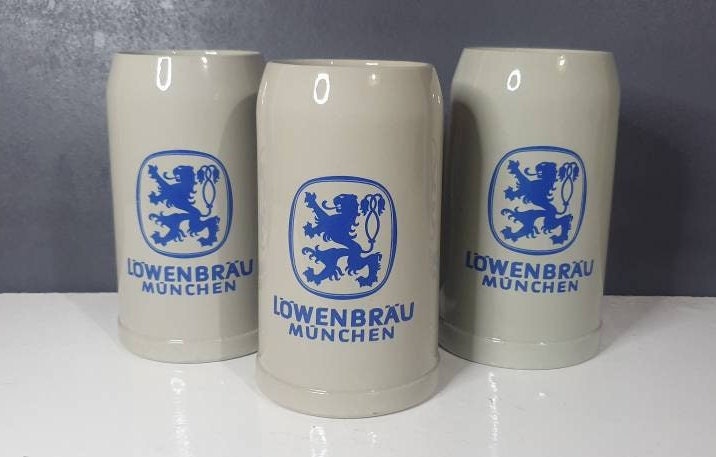 Chope à Bière Allemande Vintage en Céramique 1L, Chope Vintage, Chope Lowenbrau Munchen