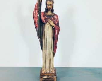 Oud groot beeld van Christus Jezus in polychroom gips heilig hart / kapel kerk altaar sculptuur 19e eeuw / hart van Jezus