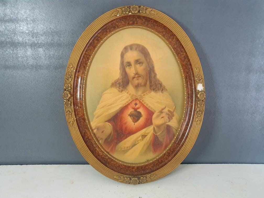 Cadre Jésus Christ, Sacré Cœur, Relique, Antique, Image Pieuse, Cadre Sous Verre Année 1950