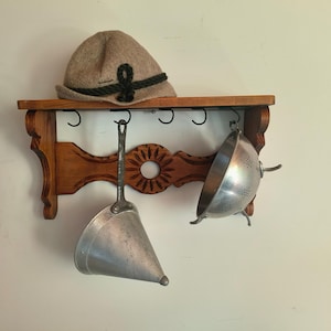 Antique wooden wall shelf for pots and pans, made in France, hanging shelves, interior decoration, copper pots and pans hanging shelves