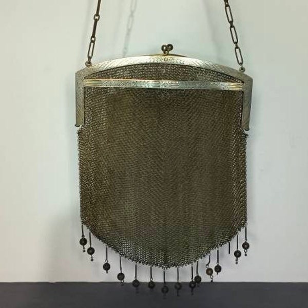 Old silver metal evening bag, vintage Minaudiere, mesh rib bag, small metal evening bag