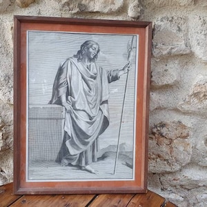 Jesus Christ frame, pious image, lithograph, engraving, vintage
