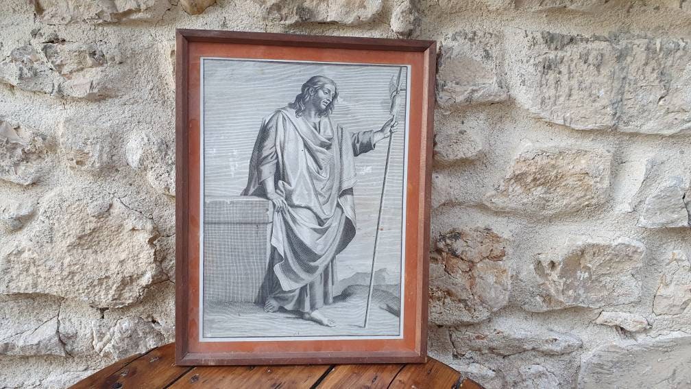 Cadre Jésus Christ, Image Pieuse, Lithographie, Gravure, Vintage