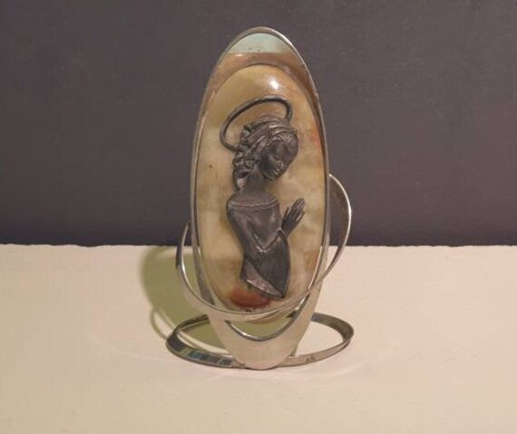 Plaque Religieuse Sainte Vierge sur Onyx, Made in France, Vintage,