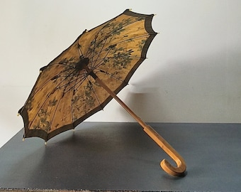 Ancienne Ombrelle, parapluie vintage marron et jaune, parasol vintage, ombrelle d'arlésienne