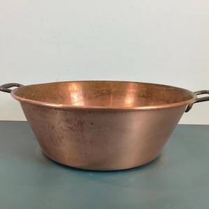 Antiker Marmeladentopf aus Kupfer mit Messinggriffen, Vintage Marmeladentopf, Kupferbecken, Kupfernieten, Marmeladenherstellung, Made in France