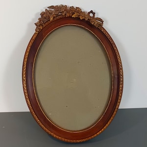 French Antique wall frame 1930,Bow and Flower Wall Frame, Oval Frames Under Glass, Antique Photo Frame in Brass Metal and Wood