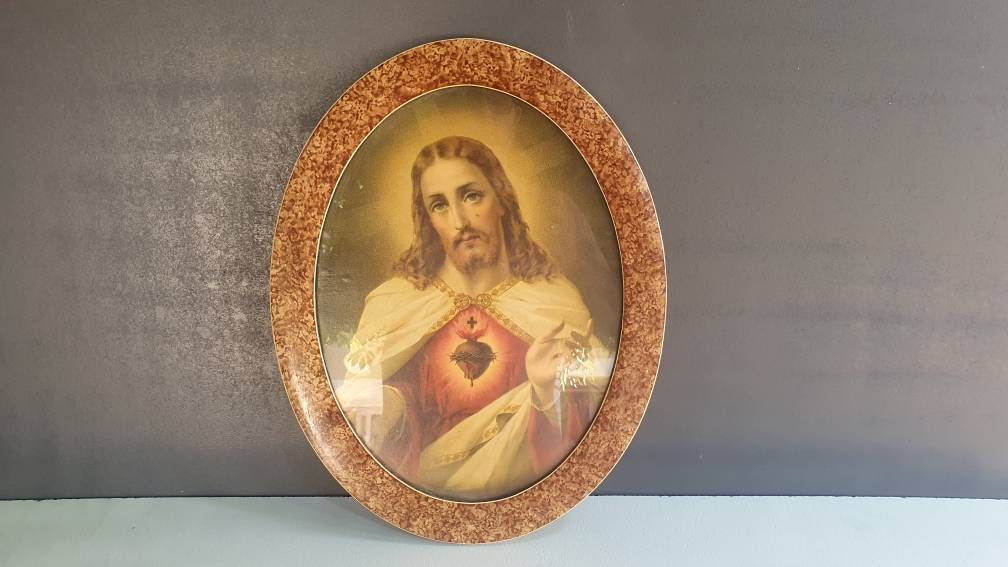 Cadre Jésus Christ, Sacré Cœur, Relique, Antique, Image Pieuse, Cadre Sous Verre Année 1950