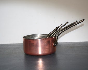 Set of 5 French copper pans, vintage French, copper pans, decorative art, kitchen art