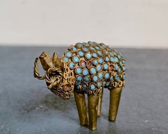 Chinese Nepalese Tibetan ram sculpture Brass figurine Turquoise art deco