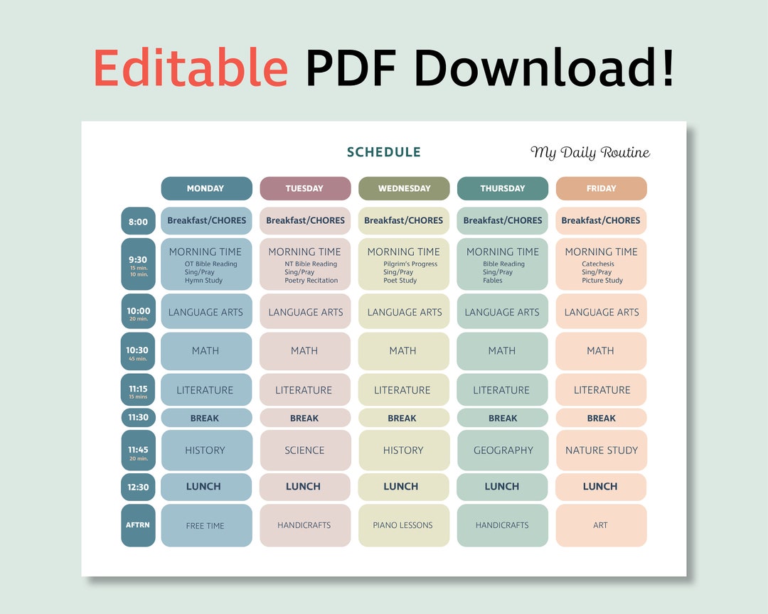 Homeschool Schedule, Editable Printable, Kids Daily Schedule, Routine ...