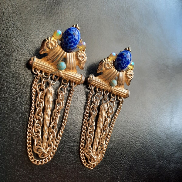 Vintage Unique Earrings Roman Greek Ram Aries Sheep Chandelier drop Ancient Egyptian Queen Gold big chain Museum Replicas  Greek goddess