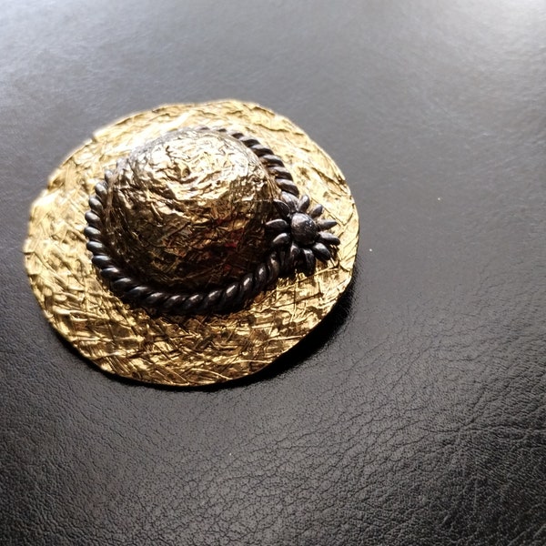 Vintage Hat Brooch, Signed PD with a Crown Premier Designs , Gold Tone Textured Hat decorated Silver Rope