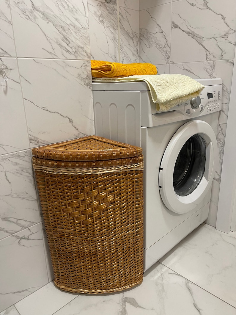 Corner Laundry Basket With Lid Tall Wicker Laundry Hamper Etsy