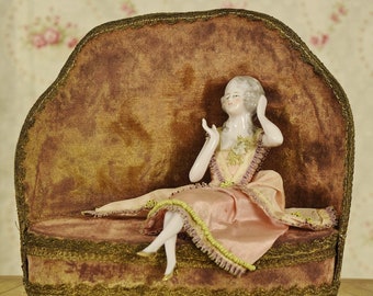 Divine Antique French Porcelain Doll / Figurine On Velvet Sofa Chocolate Box