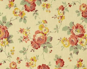 Délicieux panneau inutilisé de 3,8 m, textile ancien en coton à imprimé roses, vers 1930