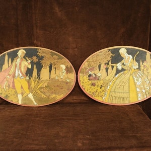 PAREJA de fabulosas fotografías antiguas francesas de pokerwork, &#39;L&#39;adieu&#39; y &#39;La rencontre&#39; 1929