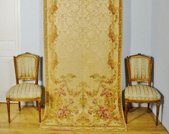 Exquisite Long Antique French Silk Aubusson Tapestry Chateau Portiere / Curtain