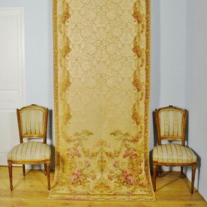 Exquisite Long Antique French Silk Aubusson Tapestry Chateau Portiere / Curtain