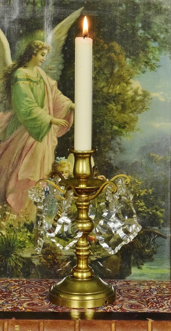 Wunderschöne Antike Französische Messing Kerze Girandole /Kerzenhalter mit Kristallen
