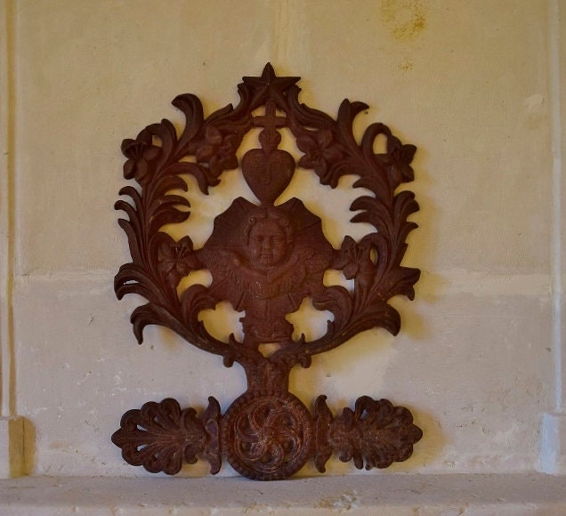 Spectaculaire Antique Français Fronton de L'église en Fonte/Mont avec Ange Chérubin, 19Ème Siècle