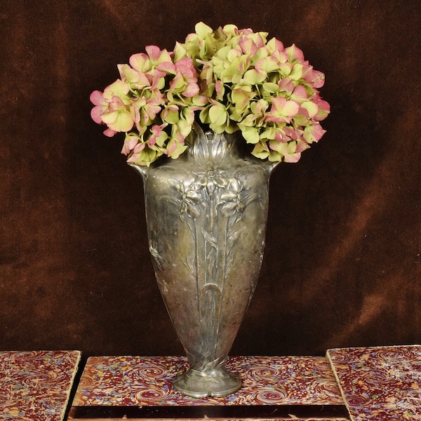 Fabulous Antique French Art Nouveau Pewter Urn / Vase, Flowers & Leaves, Circa 1900