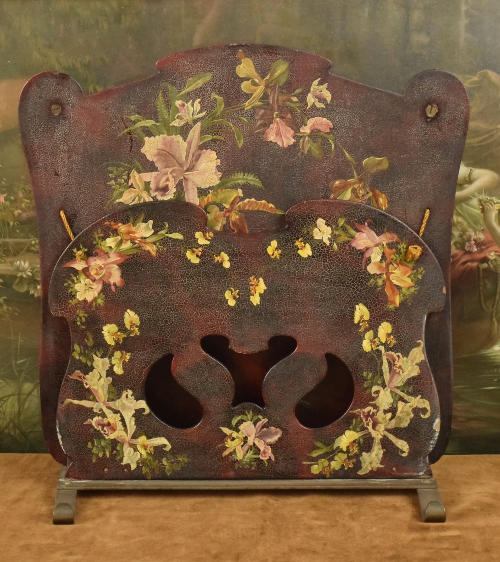 Divine Antique Français Papier-Mâché Magazine Rack, Orchidées Peintes à La Main, Circa 1900