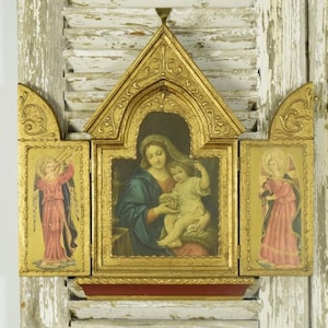 Large Vintage Religious Wood Triptyque, Altar, Icon, Virgin Mary, Jesus, Angels