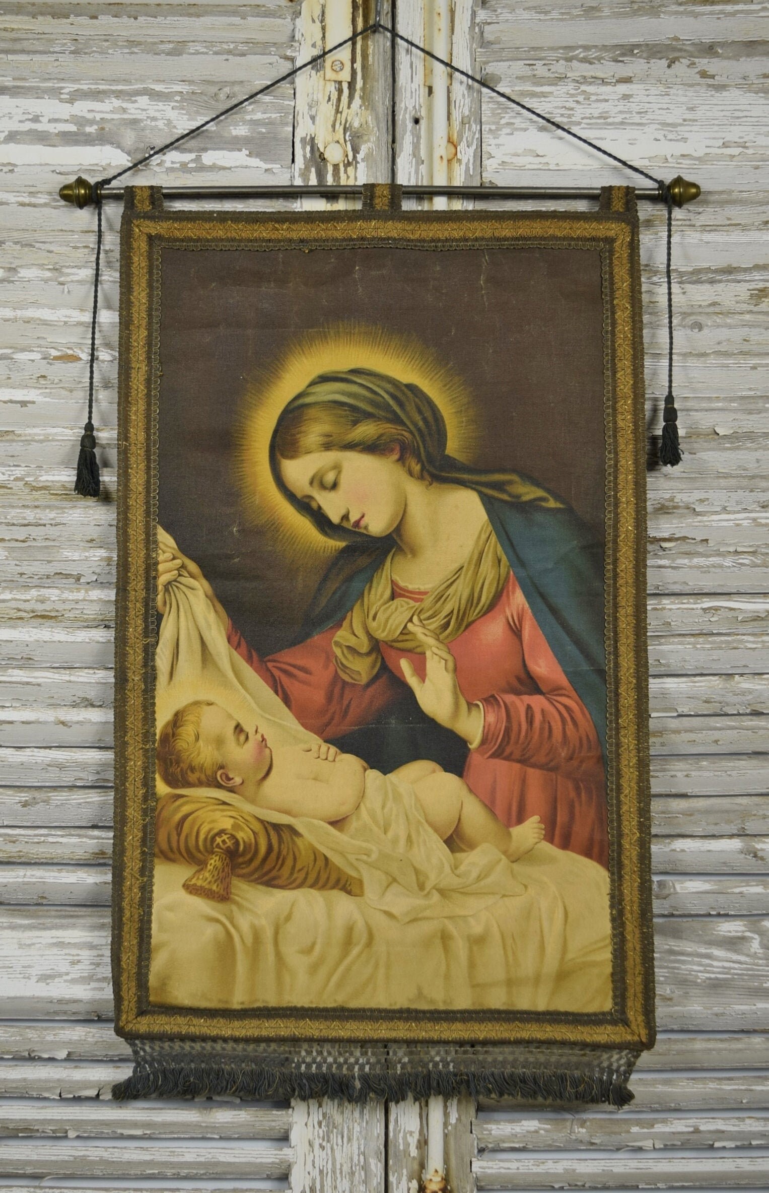 Sublime Antique Français Religieuse, Mur Suspendu, Marie, Jésus - 19Ème Siècle