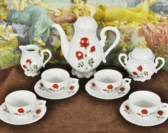 Charmant service à café bavarois vintage en porcelaine, roses rouges sur blanc, vers 1950/60