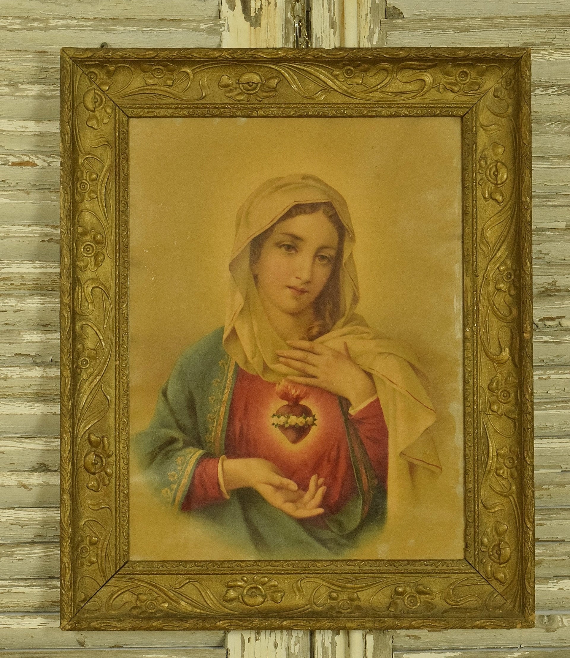 Magnifique Antique Français Impression Religieuse, Marie et Sacré-Cœur, Cadre Art Nouveau