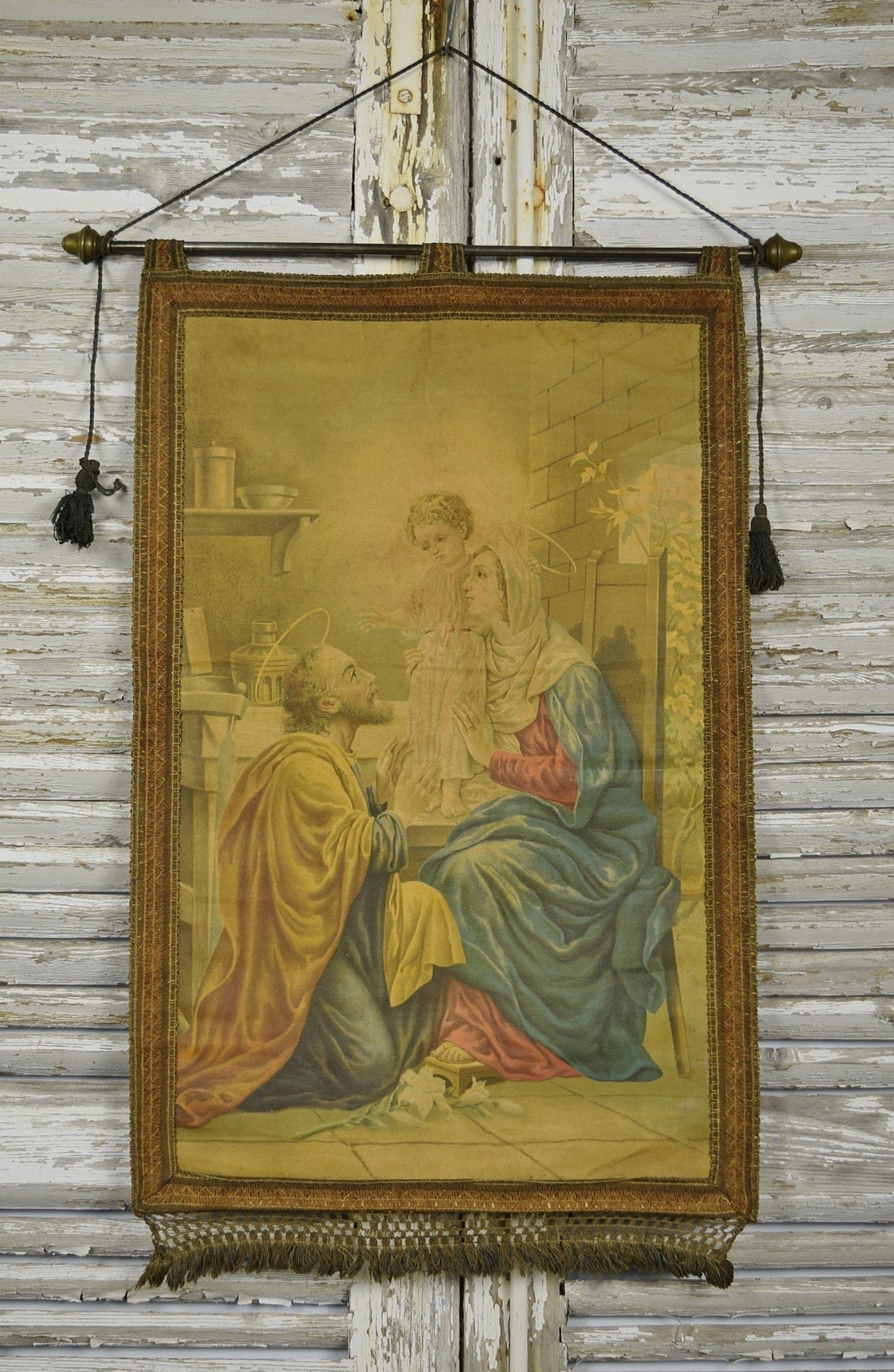 Divine Antique Français Religieuse, Mur Suspendu, Marie, Joseph, Jésus - 19Ème Siècle