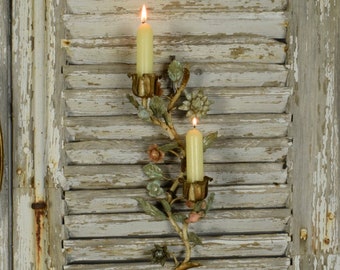 Beautiful Double Arm Antique Italian Painted Toleware Flower Candle Wall Sconce