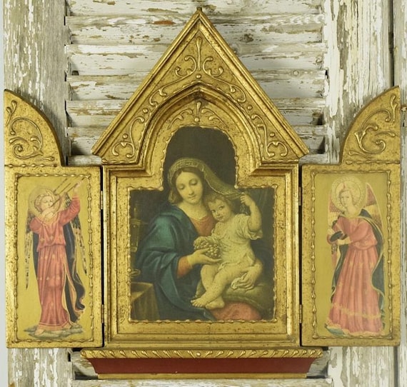 大型ヴィンテージ宗教木製三連祭壇画、聖母マリア、イエス、天使
