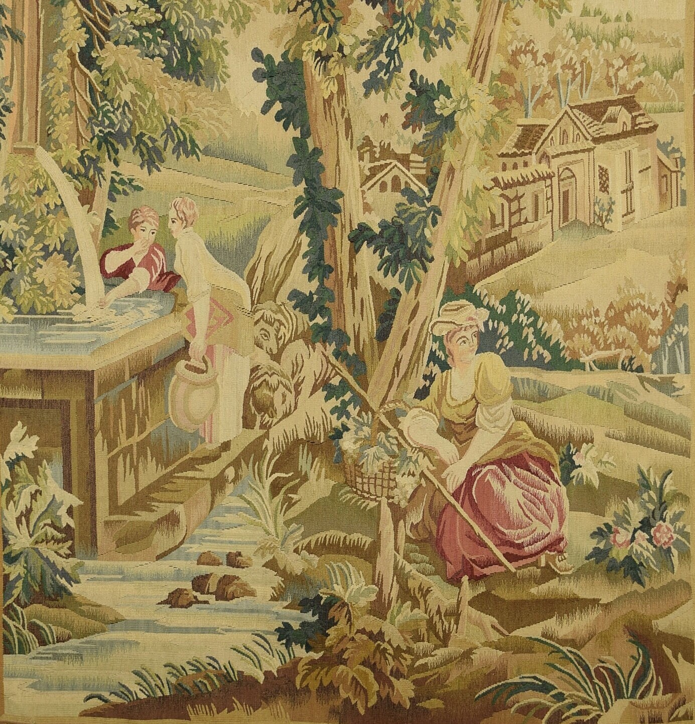 Magnifique Immense Accrochage Mural de Tapisserie Tissée Vintage Français, Scène Campagne Du 18Ème S