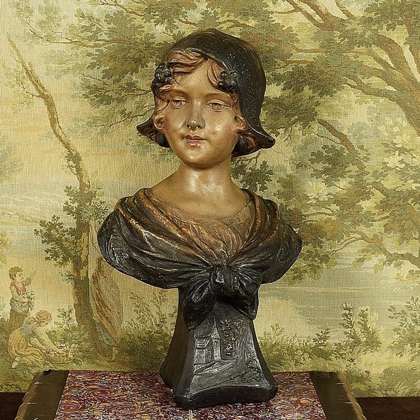 Fabulous Large Antique French Plaster Bust, Country Maiden In Bonnet, Circa 1900