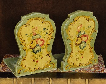 Gorgeous Pair Antique French Wooden Bookends, Hand Painted Flowers & Scrolls