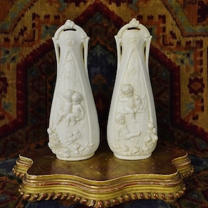 Delightful Pair 19th C Antique French Bisque Vases, Frollicking Cherubs On Swing