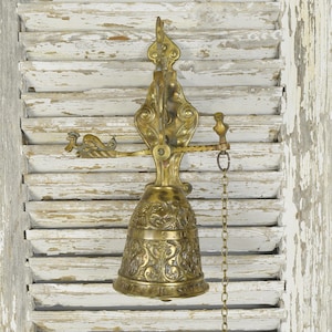 B2193 - Magnificent Antique French Gothic Style Brass Gate Bell With Clapper, 19th Century