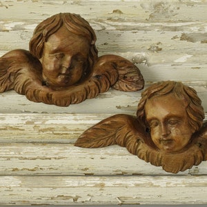 Pair Adorable Antique French Church Winged Cherubs / Angels, Carved Wood, 19th Century