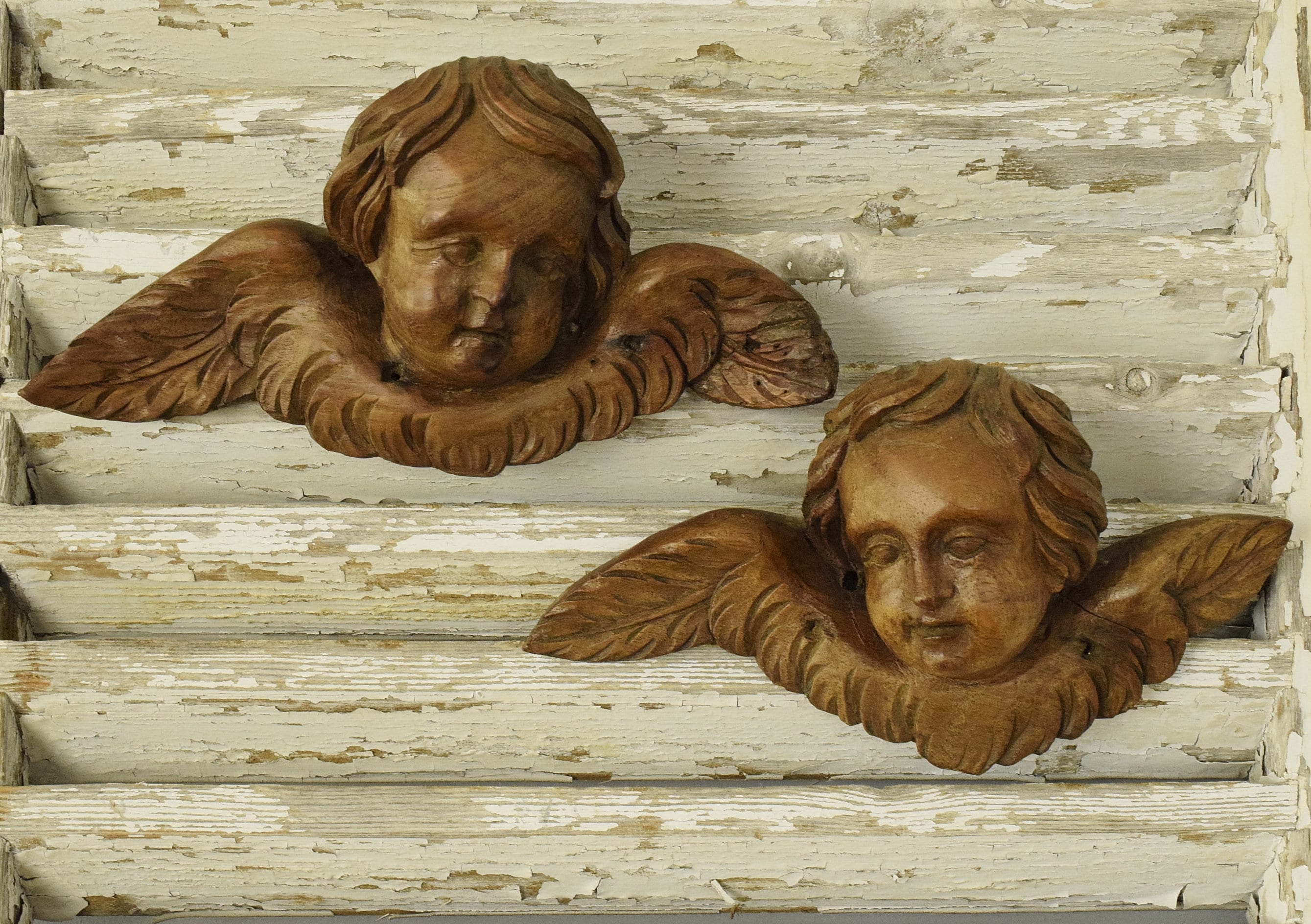Paire Adorable Antique Français Church Winged Cherubs/Anges, Bois Sculpté, 19Ème Siècle