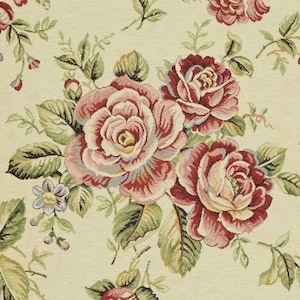 Gorgeous Long Vintage French Red Roses & Leaves Woven &#39;Tapestry&#39; Fabric Panel