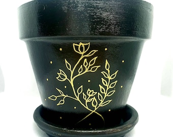 Hand Painted Plant Pot 11cm/13cm/15cm/17cm Plant Pot, Floral, Rose, Botanist Themed Indoor Plant Pot, Terracotta Planter,  black and gold