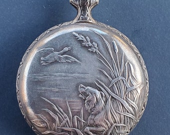 Andre Rivalle 17 Jewels Pocket Watch Bird Dog & Duck Silver