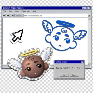 Könnte beinhalten: Ein blauer und weißer Engel-Aufkleber mit einem Heiligenschein und Flügeln. Der Aufkleber befindet sich auf einem karierten Hintergrund. Eine Systemmeldung lautet "buy my stickerz (n'ω'n)→".