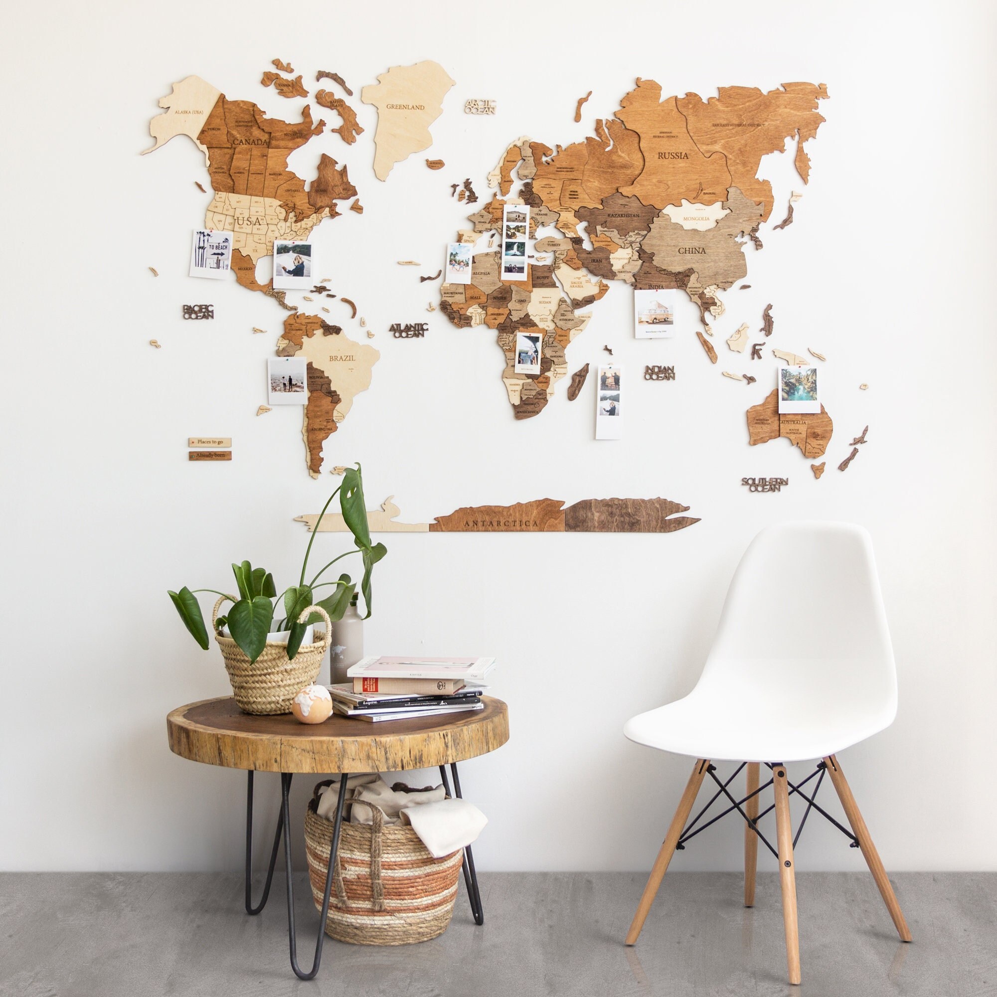 Mapa del mundo de madera para decoración del hogar, multicapa, madera  teñida multicolor, nombres grabados, diseño 3D único, para sala de estar