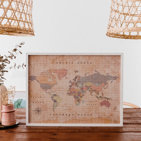 Cork wereldkaart - Woody Map aquarel Old School