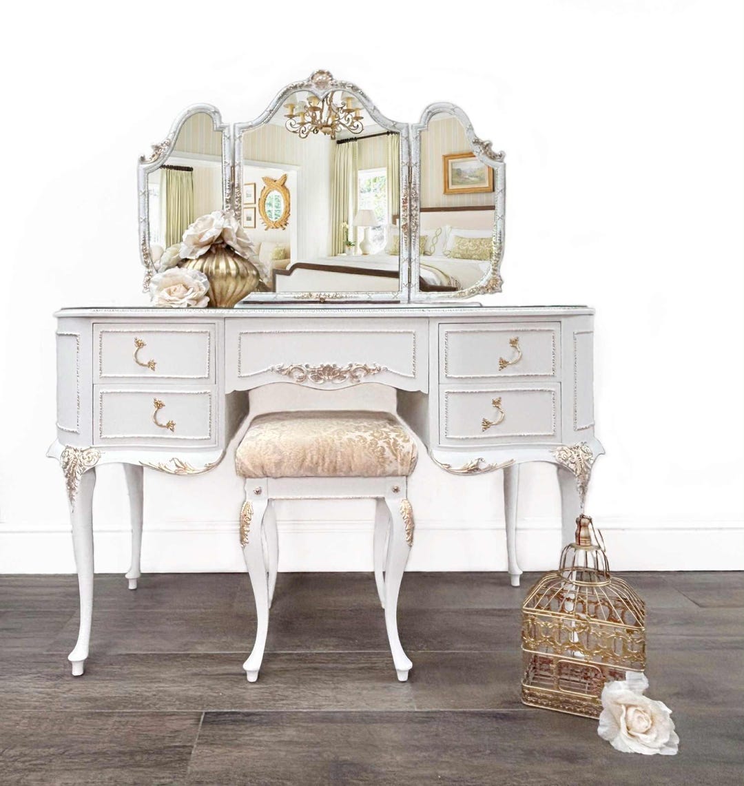 ivory dressing table set Vintage French Style Table, White and Gold Trim, Triple Mirror and Stool royal-blue